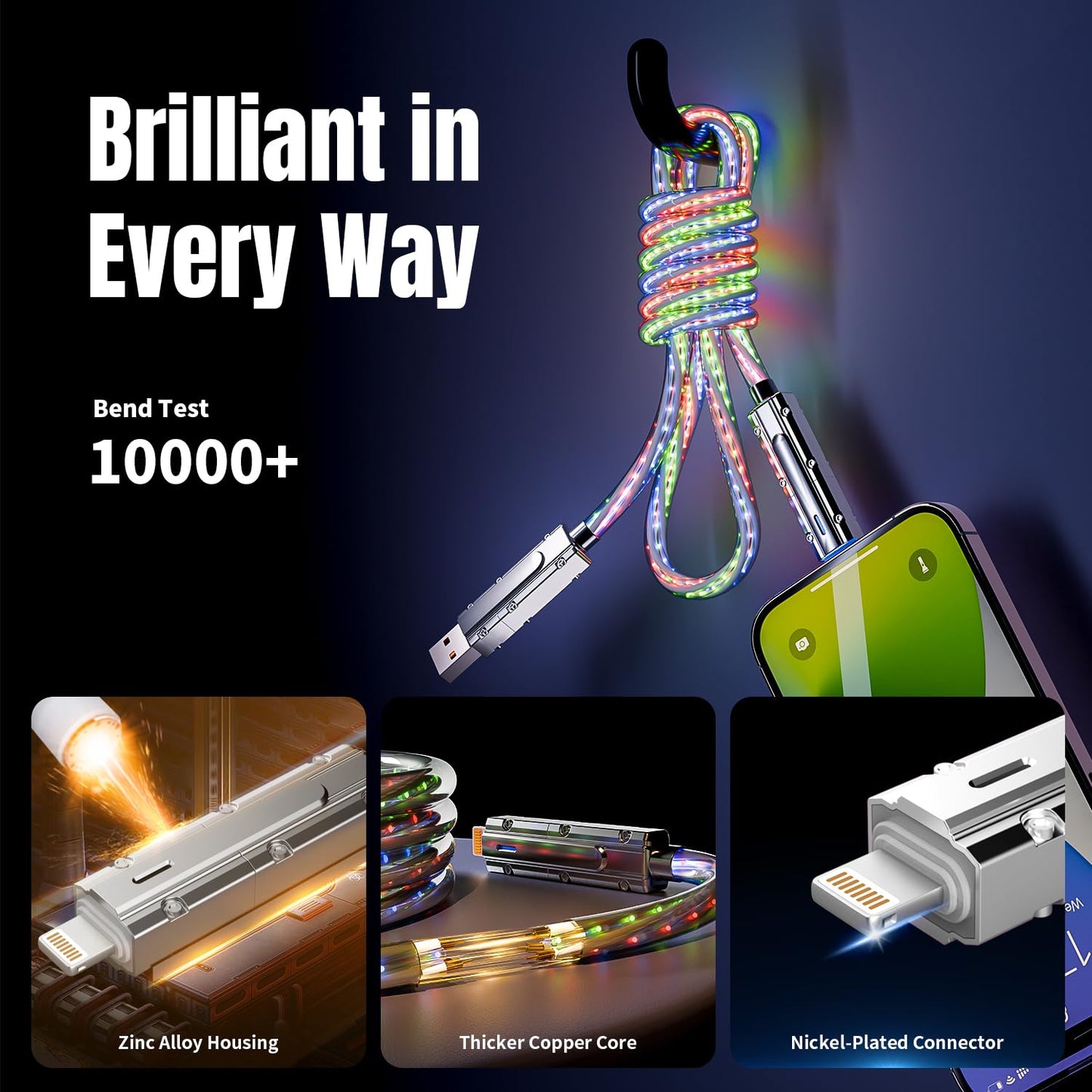 4 in 1 Charging Cable Fast Charging 66W, USB C Cable 3.3 FT Chubby USB A/C to C/L Multi Charging Cable with Light for iPhone 16/15/14/13 Series/MacBook/iPad Pro/Samsung