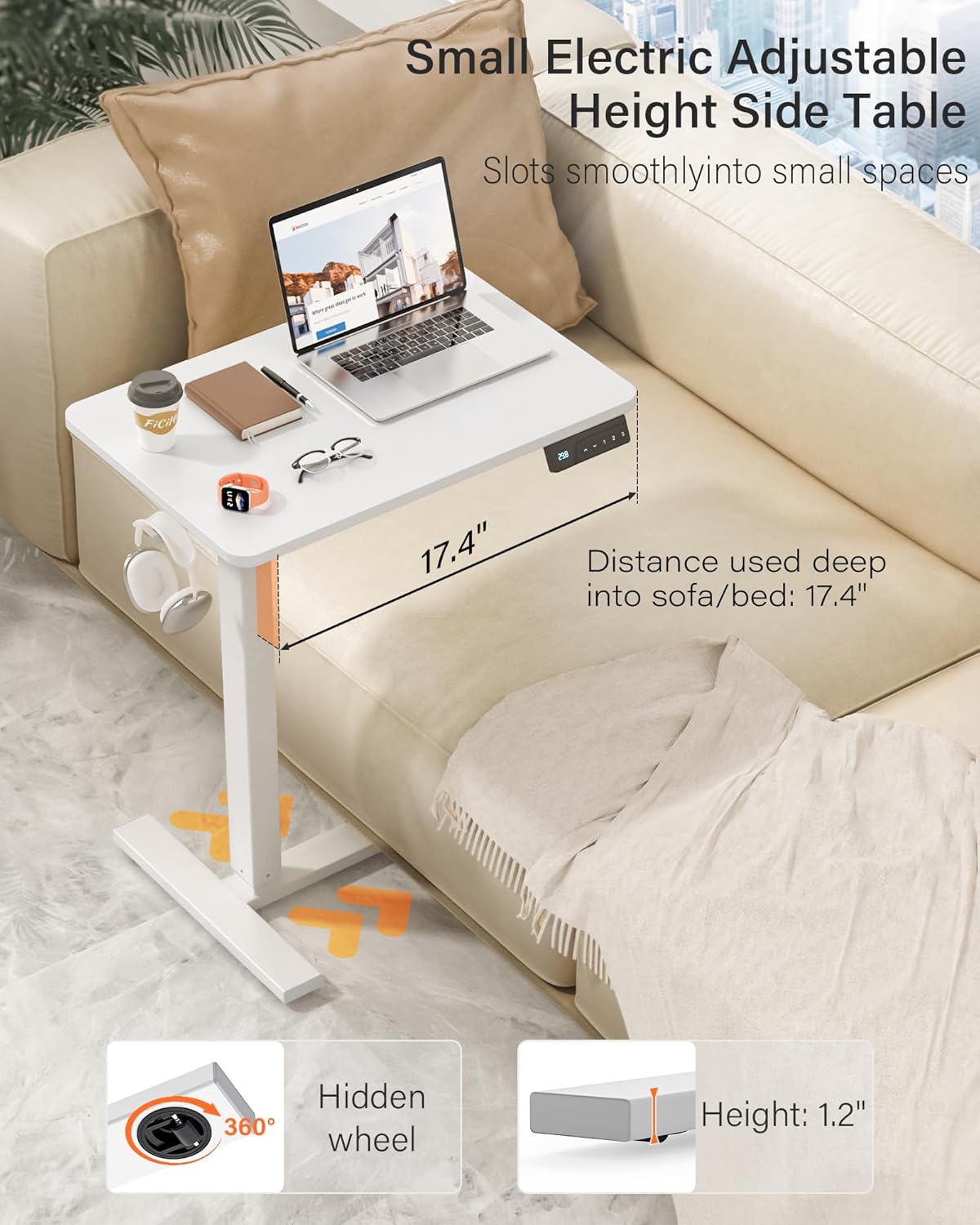 Mobile Standing Desk with Wheels - Electric Height Adjustable Small Movable Laptop Desk, Portable Rolling Computer Workstation Sit Stand Table for Home Office, Sofa & Bedside Use (23.6", White)