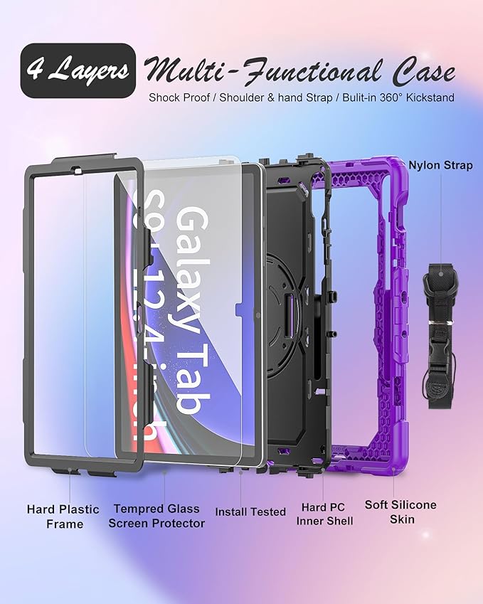 Case for Samsung Galaxy Tab S10 Plus/ S9 FE Plus/ S9 Plus 5G Tablet 12.4'', Shockproof Protective Cover with [Tempered Glass Screen Protector], Stand, Shoulder Strap & S Pen Holder (Purple)