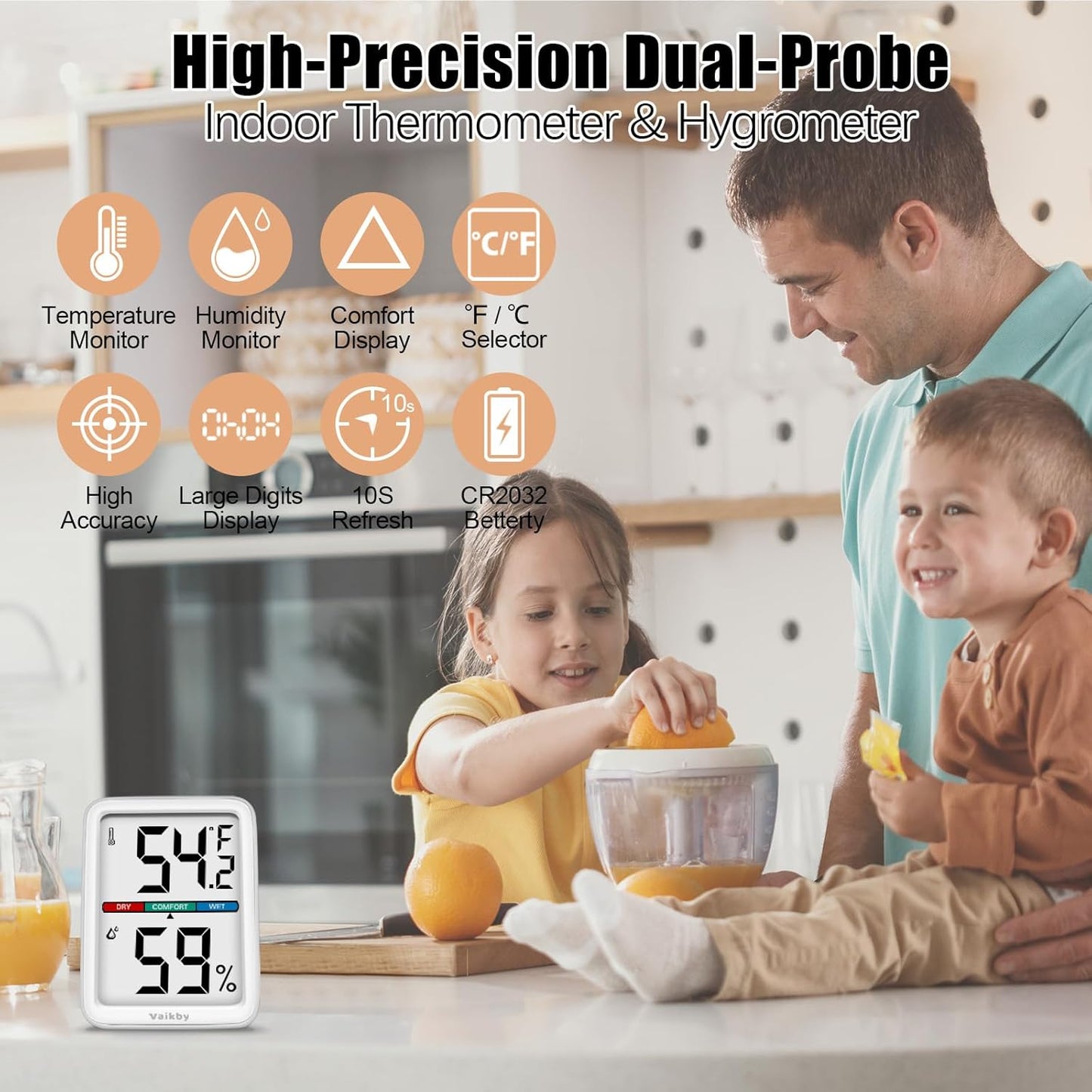 Vaikby Precision Hygrometer - Indoor Humidity Meter and Room Thermometer with Temperature Gauge, Digital Monitor for Home Comfort, Wall-Mounted or Tabletop, Energy-Efficient Sensor for Nursery & House