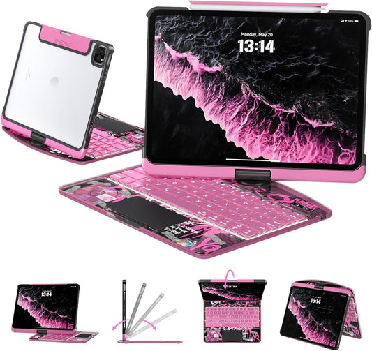 Transparent Case with Keyboard for 2024 iPad Pro 11-inch(M4),with 7-Color Backlit Wireless Keyboard, 360°Rotatable Protective Case Multi-Touch Trackpad,with Pencil Holder,with Shortcuts,Pink