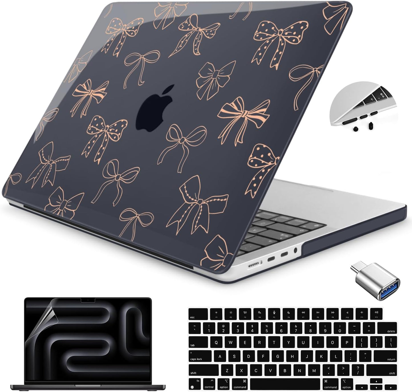 Teryeefi for MacBook Pro 14 inch Case M4 M3 M2 M1 Chip (2025 2024 2023 2021 Release) Model A3112 A3401 A3185 A2918 A2992 A2779 A2442, PC Hard Shell+Keyboard Cover+Type C Adapter, Gold Bows A003