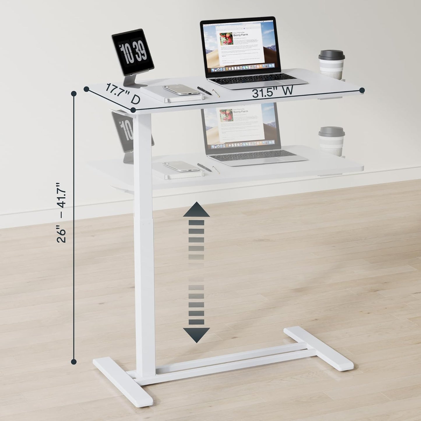 FLEXISPOT H7 Adjustable Overbed Bedside Table with Wheels Pneumatic Mobile Standing Laptop Desk Rolling Computer Cart Movable Overbed Table Hospital Home Use (31.5" W x 17.7" D, White Large)
