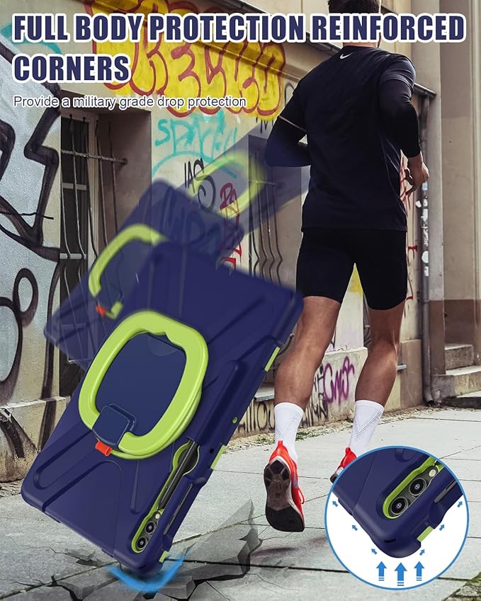 BRAECN Case for Samsung Galaxy Tab S9 FE+ Plus/ S9+/S8+/S7 FE/S7+ 12.4 Inch 2023, Heavy Duty Rugged Silicone Cover w/S Pen Holder, Handle Grip, Stable Kickstand, Shoulder Strap, Navy Green
