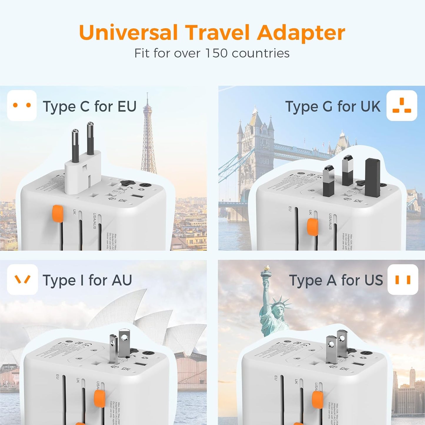 TESSAN Universal Travel Adapter, 45W International Plug Adaptor with 2 USB C 3 USB A Ports, Travel Worldwide Power Outlet for US to European EU UK AUS Ireland(Type C/G/A/I)
