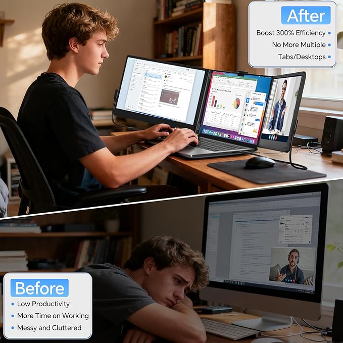 Laptop Screen Extender, 14'' FHD 1080P IPS Portable Monitor for Laptop, Triple Screen Extender Monitor Plug-Play for Mac/Windows/Chrome, Fit 13”-17.3” Laptops