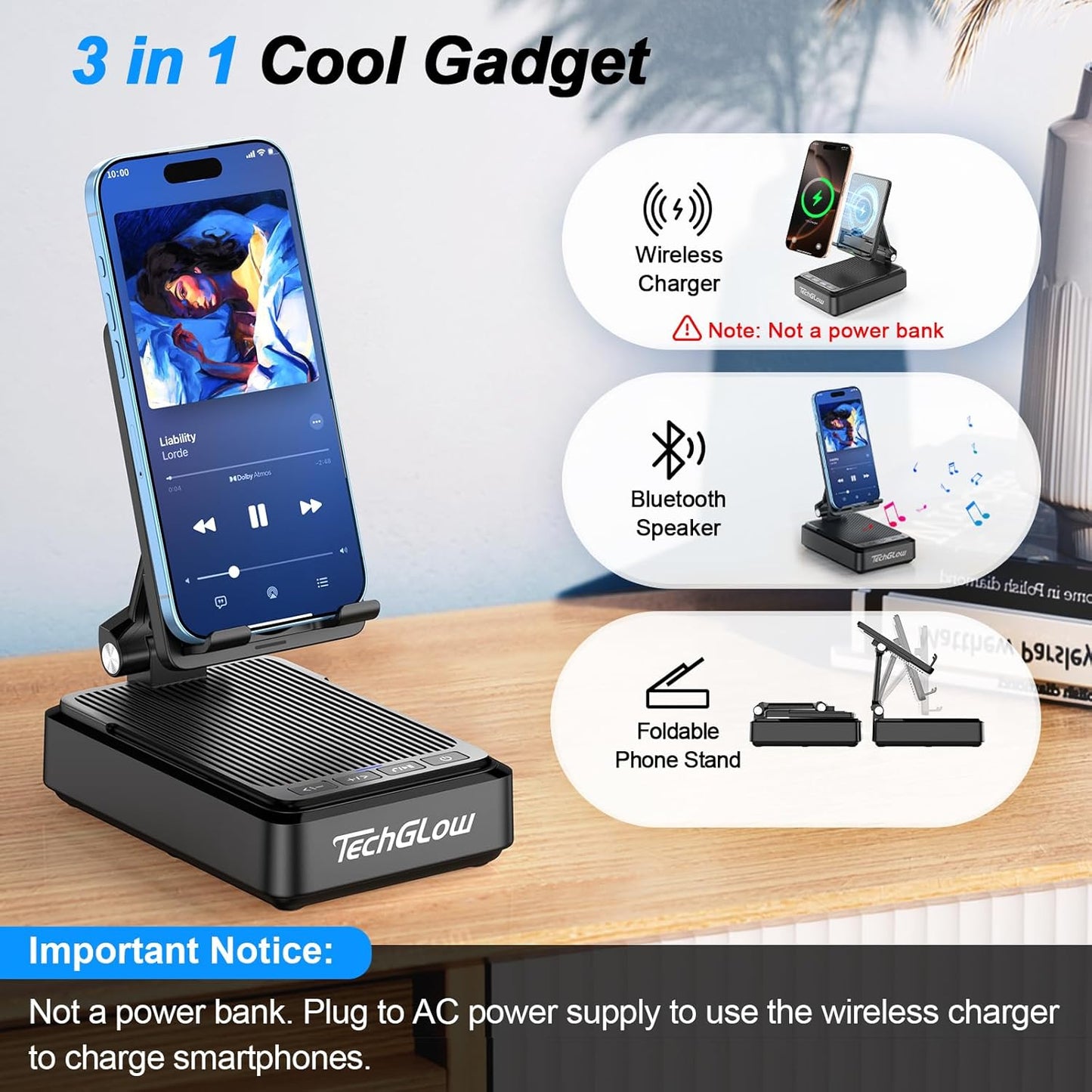 Gifts for Men Women-TechGlow Bluetooth Speaker with Phone Stand and Wireless Charger Compatible with iPhone 16 15 14 13 Pro XS 8 Plus Samsung Galaxy S25 S24 S23 Note 20 Birthday Gift Idea for Mom Dad