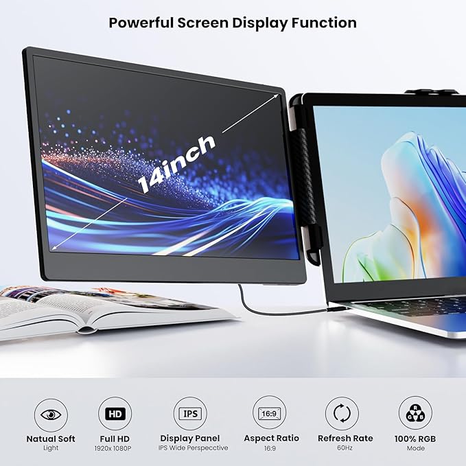 Laptop Screen Extender Kwumsy S2 Triple Monitor Extender Ultra Slim 14" 1080P FHD IPS Portable Monitor for Laptop with Stand Compatible with Mac Windows Linux PS4/5