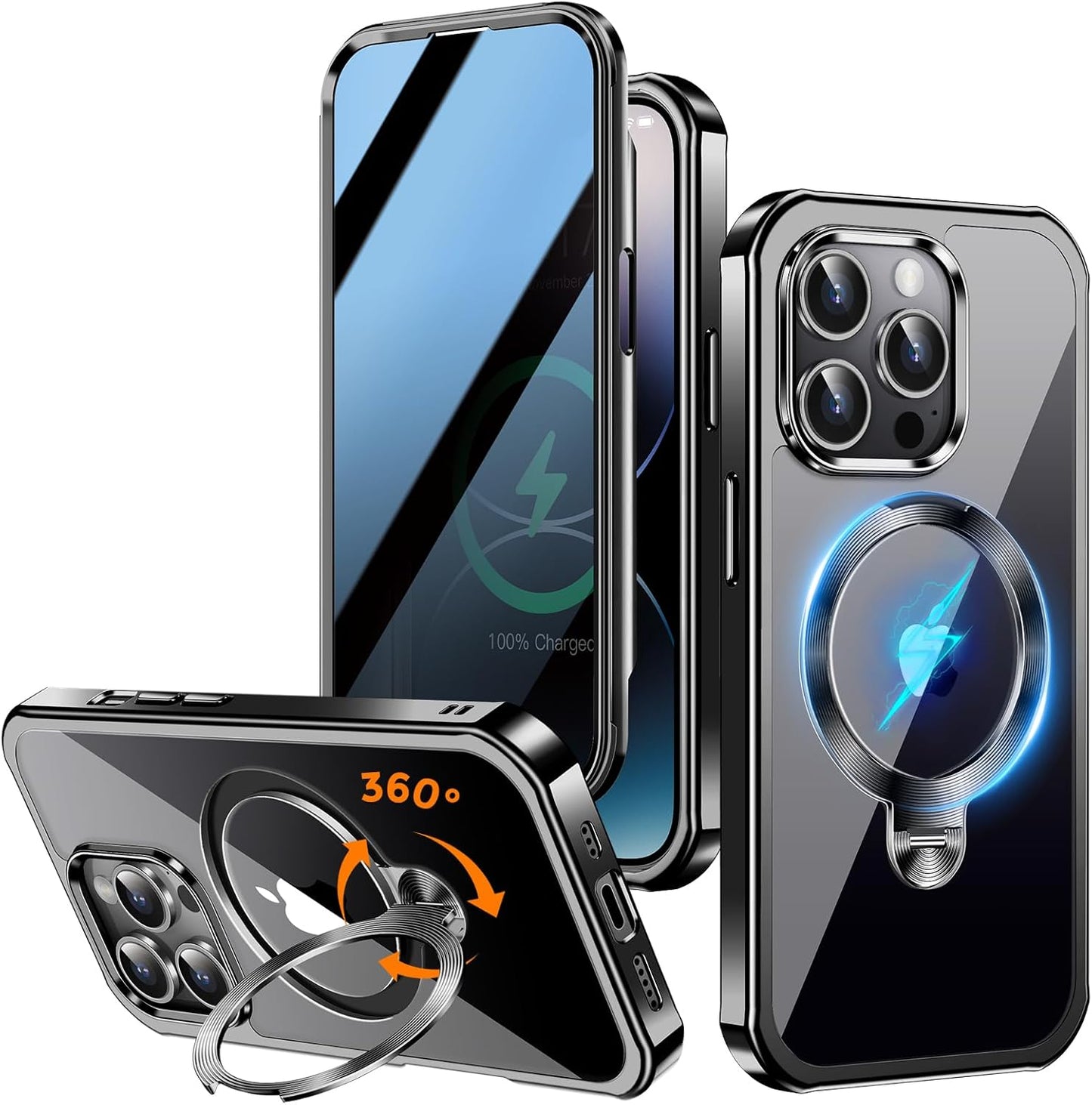 [360° Rotatable CD Stand & Built-in Privacy Screen Magnetic Case for iPhone 14 Pro Max[Compatible with MagSafe&Full Signal] Mil-Grade Shockproof Full Body Anti-Spy Cover for 14 Pro Max-Black