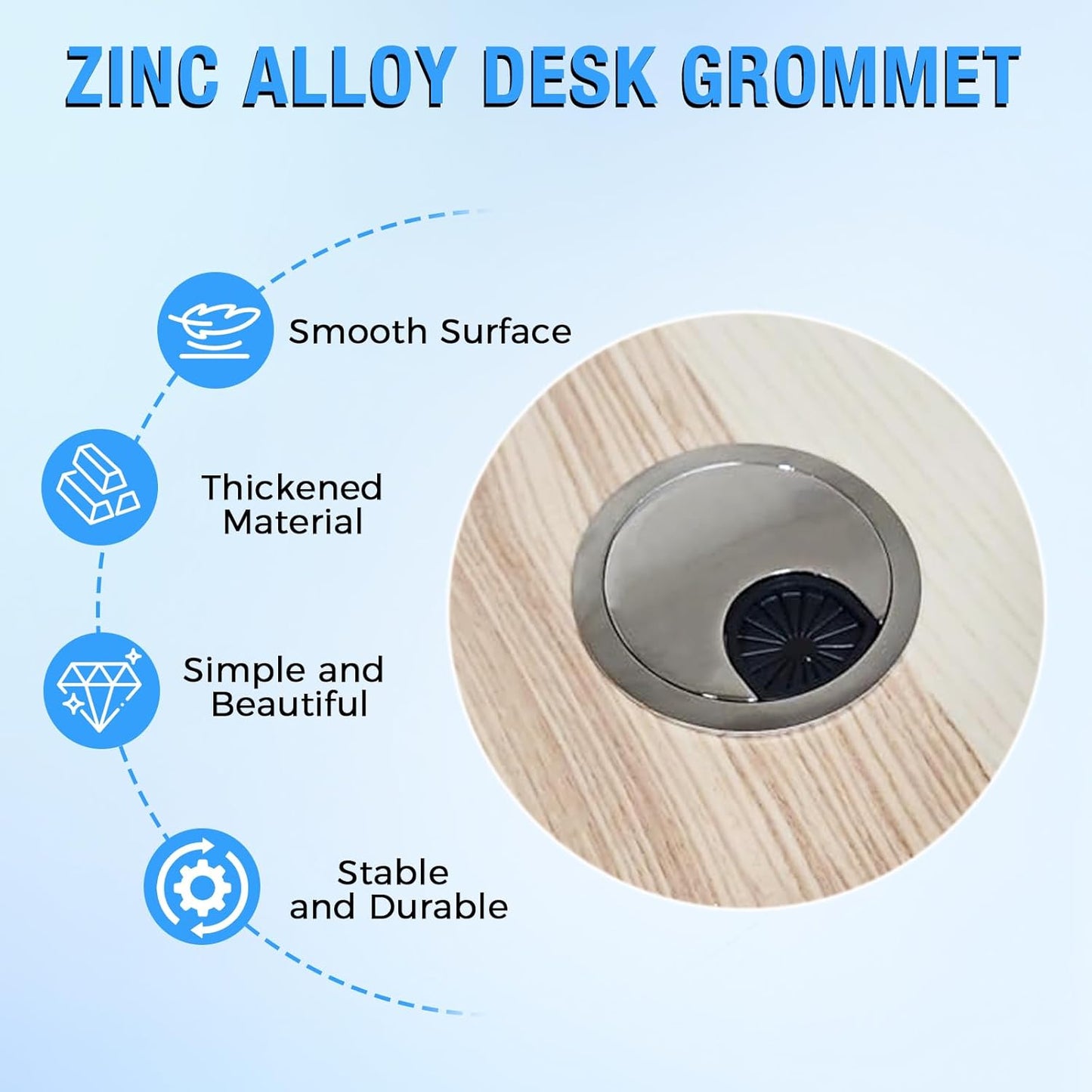 Desk Grommet 2-3/8" (60 mm), Desk Cord Hole Cover, Cable Grommet Metal Zinc Alloy Materilal, Desk Hole Grommet for Office and Home Table Cable, Detachable Cable Cord Organizer (Brushed Silver 1 Pcs)