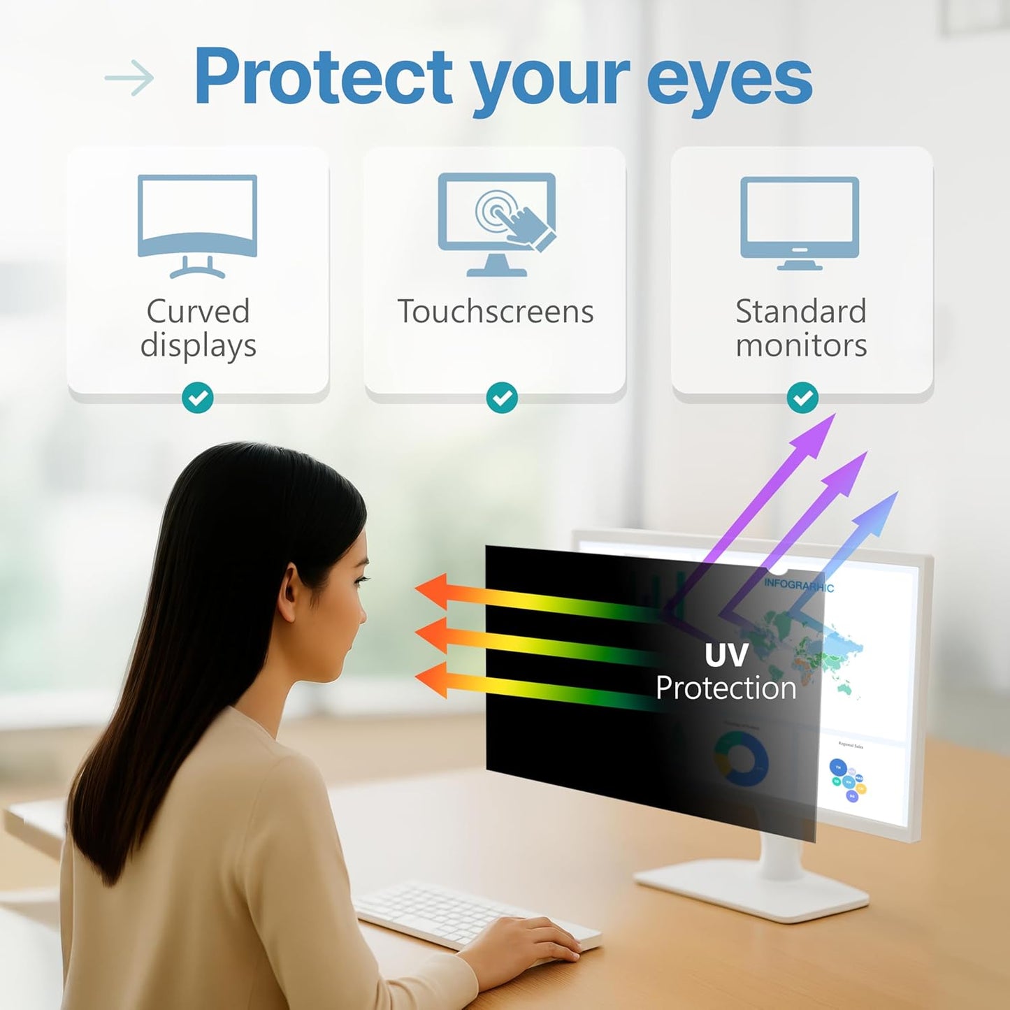 VINTEZ 21.6 Inch 16:10 Privacy Screen for Computer Monitor and Laptop - Anti Glare Protector Film Blue Light Filter Eye Protection - Computer Screen Privacy Shield, [1 Pack]