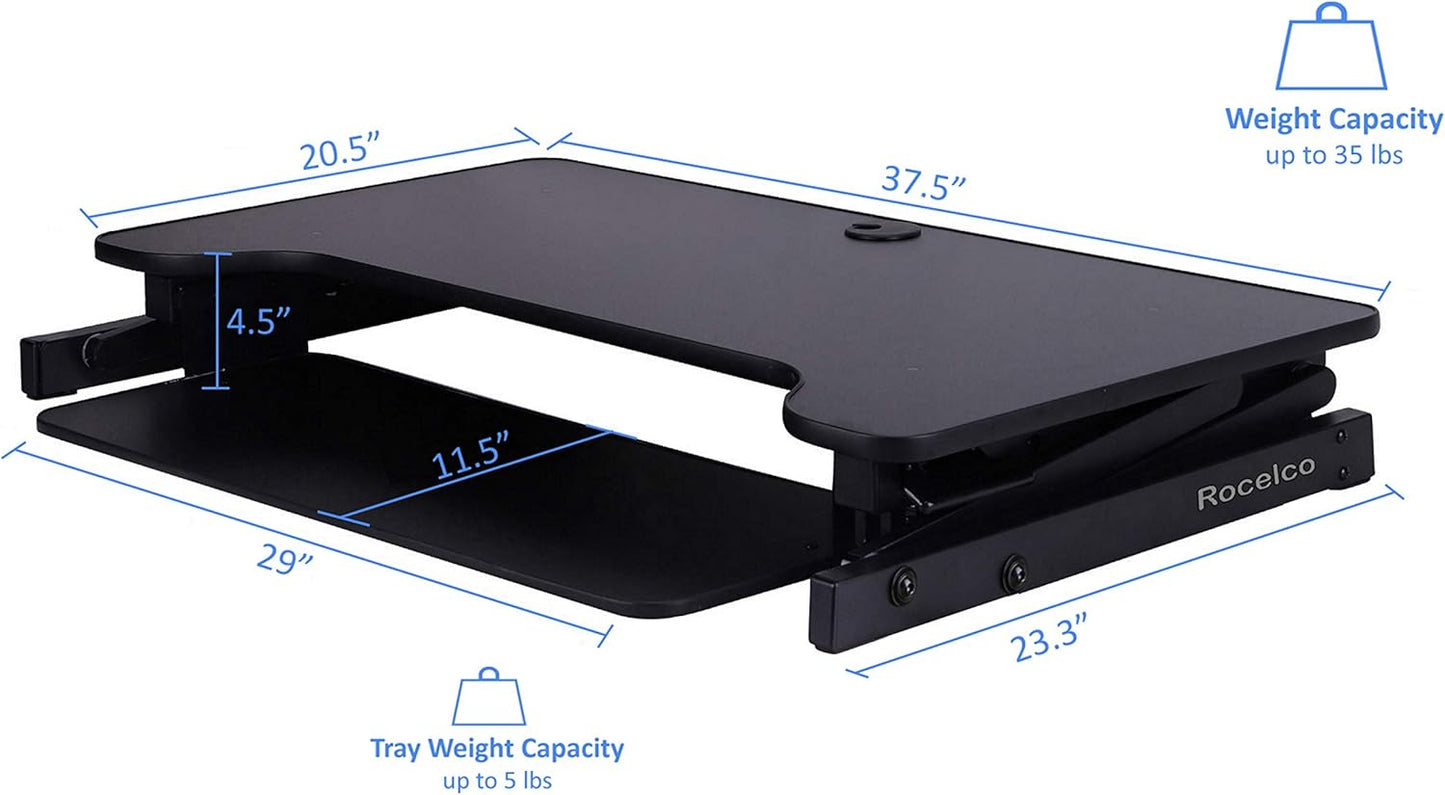 Rocelco 40" Large Height Adjustable Standing Desk Converter with Dual Monitor Mount BUNDLE - Quick Sit Stand Up Computer Workstation Riser - Retractable Keyboard Tray - Black (R DADRB-40-DM2)