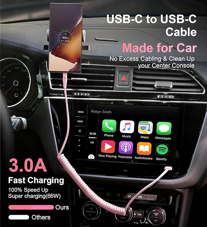 USB C to USB C Cable [3FT+6FT], 2Pack Coiled USBC Cable for Car USB Type C Fast Charging Cable, CarPlay iPhone USB-C Cable/Android Auto USB C Cord for iPhone 17/16/ 15/Pro Max/Samsung Galaxy S23-Pink