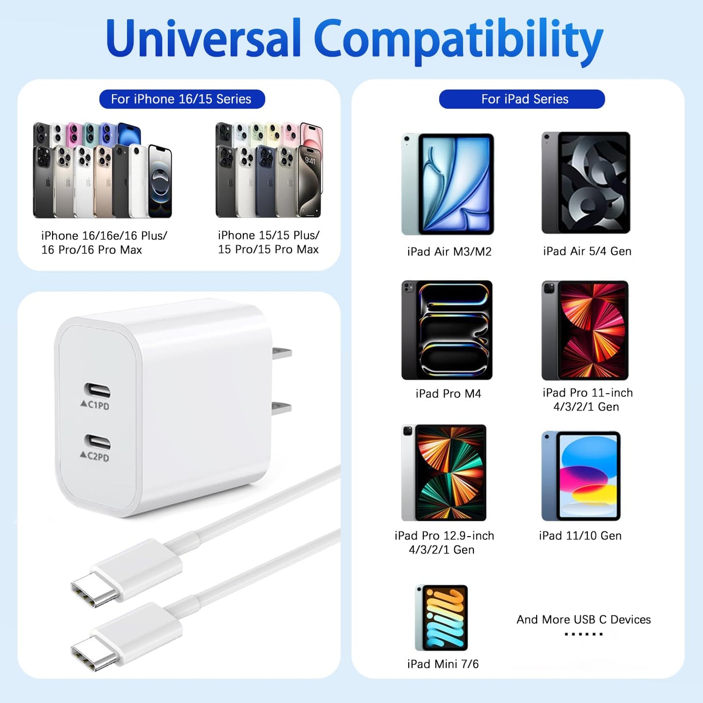2Pack iPhone 16 15 Chargers,Dual Port Fast Wall Chargers Block with 10FT USB C to C Cable Cord Charger Fast Charging for iPhone 16e/16 Pro Max/16 Pro/16 Plus/15/15 Pro Max/15 Pro/15 Plus/iPad
