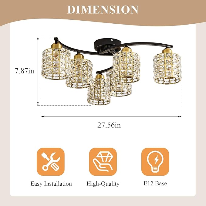 6-Light Ceiling Light Fixtures,Crystal Semi-Flush Fixture,Black & Gold Farmhouse Ceiling Light, Luxury Flush Mount Lighting for Dining Room, Living Room, Kitchen Island