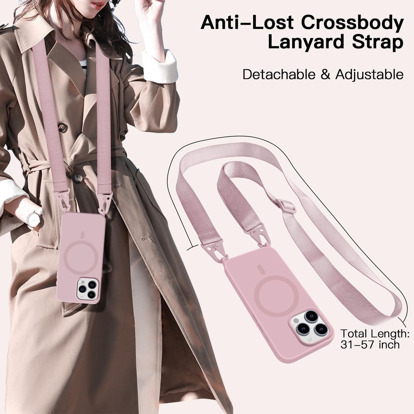 for iPhone 15 Pro Max Case with Lanyard [Compatible with MagSafe], Crossbody Phone Case with Neck Strap Adjustable, Magnetic Phone Cover for iPhone 15 Pro Max 6.7'' Pink