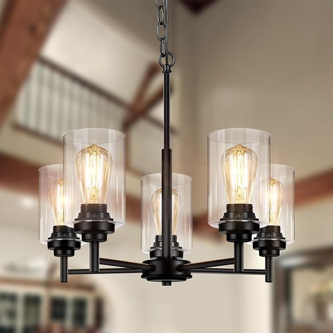 Sucolite 19.8'' 5-Light Chandelier for Dining Room Kitchen Island, Modern Farmhouse Pendant Lighting with Glass Shades Industrial Black Hanging Ceiling Light Fixture for Living Room, Height Adjustable