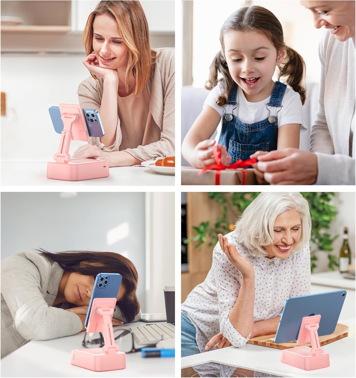 Gifts for Women Girls, Phone Stand with Bluetooth Speaker 360° Rotable Angel Adjustable Cell Phone Holder for Desk with HD Subwoofer Sound Fits All Phones,Tablets (Pink)