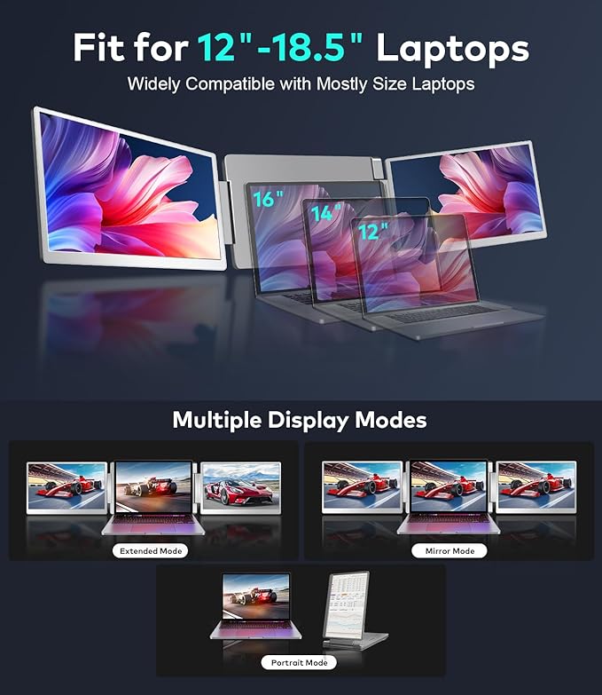15.6" Laptop Screen Extender, Left Screen 360° Flip Triple Screen Monitor Extender, FHD 1080P IPS Portable Travel Monitor Display, fit for 12–18.5" Laptops, Compatible with Windows and MacBook-S10
