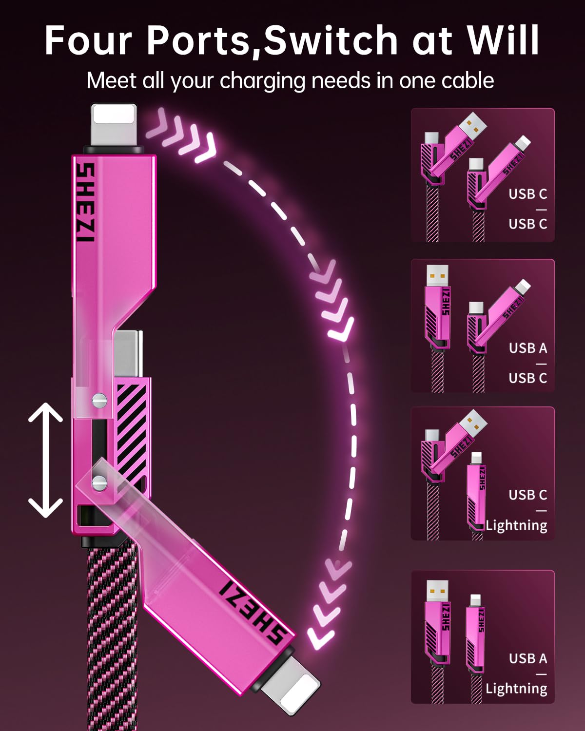 SHEZI [Upgraded 2.0] 4-in-1 USB C Cable 60W 10FT Fast Charging [480Mbps Data Sync] Flat Nylon Braided Charger Cord Combo, USB A/C to C/L Multi Charge Cable for iPhone/iPad & Most Devices, Pink