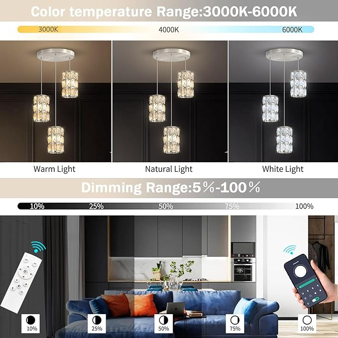 3-Lights Modern Crystal Pendant Lights for Kitchen Island LED Dimmable Glam Pendant Lighting Chandelier for Dining Room Hallway Corner Lamp Nickel