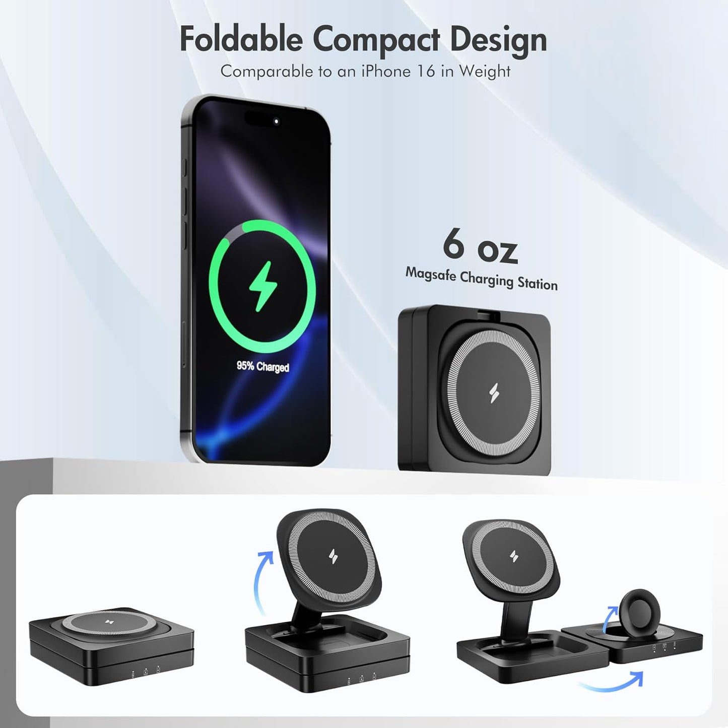 Magnetic Wireless Charger for iPhone: 3 in 1 for Travel 15W Fast Charging Pad Foldable for iPhone 16e 16 15 14 13 12 Pro Max - for Apple Watch Ultra and AirPods Series Magnet Multiple Devices (Black)