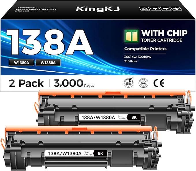 138A Toner Cartridge 2-Black with chip High Yield Replacement for HP 138X W1380X 138A W1380A Compatible with HP LaserJet Pro 3001dw 3001fdw MFP 3101fdw 3001dwe 3001fdwe 3101fdwe Printer Ink All-in-One