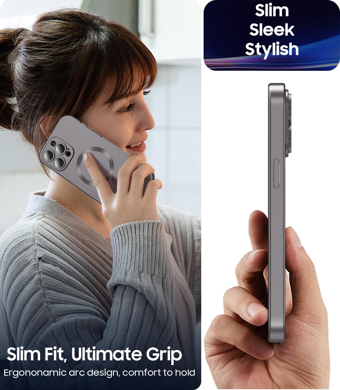 Magnetic for iPhone 15 Pro Case [Compatible with MagSafe][Built-in Camera Lens Protector] Slim Soft Silicone Bumper Shockproof Metallic Shine Phone Case (Gray)