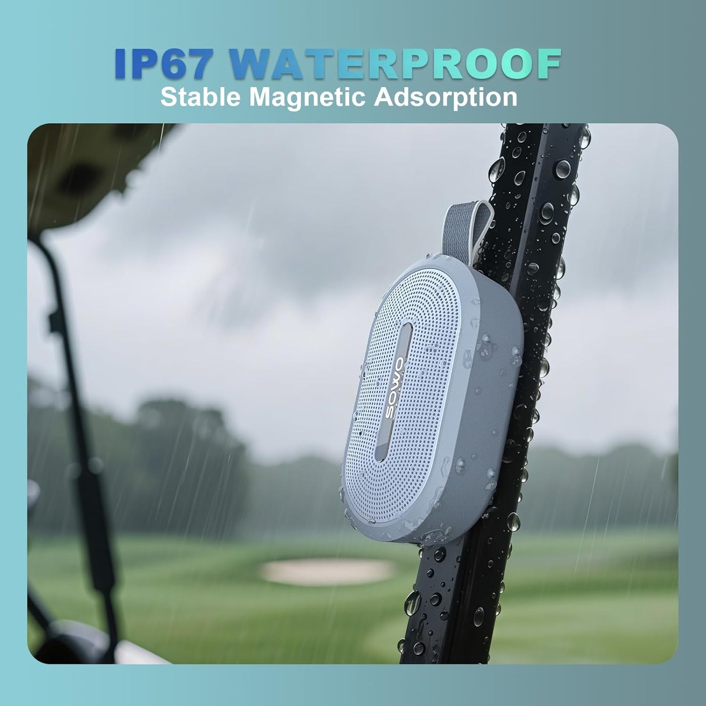 SOWO Wireless Portable Small Speaker, Ultra Magnetic Bluetooth Speaker for Golf Cart, Coverless IP67 Waterproof, 24 H Playtime, Pro Sound, Clip Hanging Design for Outdoor, Indoor - Blue