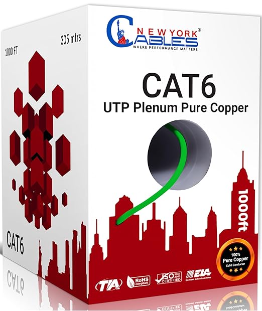 NewYork Cables CAT6 Plenum Cable 1000ft | 100% Solid Bare Copper, UTP, 550MHz, 23AWG, 4Pair 10GB Ethernet Cable, Certified CMP-Rated Bulk Cat 6 for Networking & Gaming (1000ft, Pure Copper,Green)