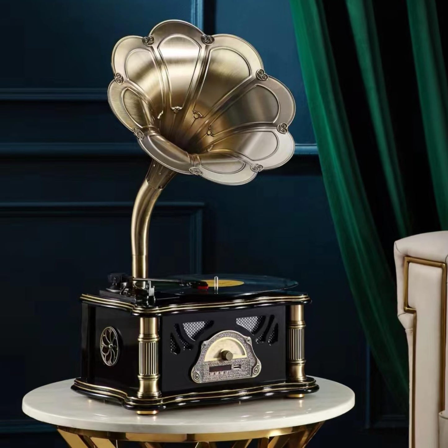 Vintage Gramophone with Bluetooth Output Vintage Record Players Retro Gramophone Turntables for 7" 9" 12" Vinyl Records 3 Speed, Hi-Fi, Handcrafted by Pure Oak (Black)