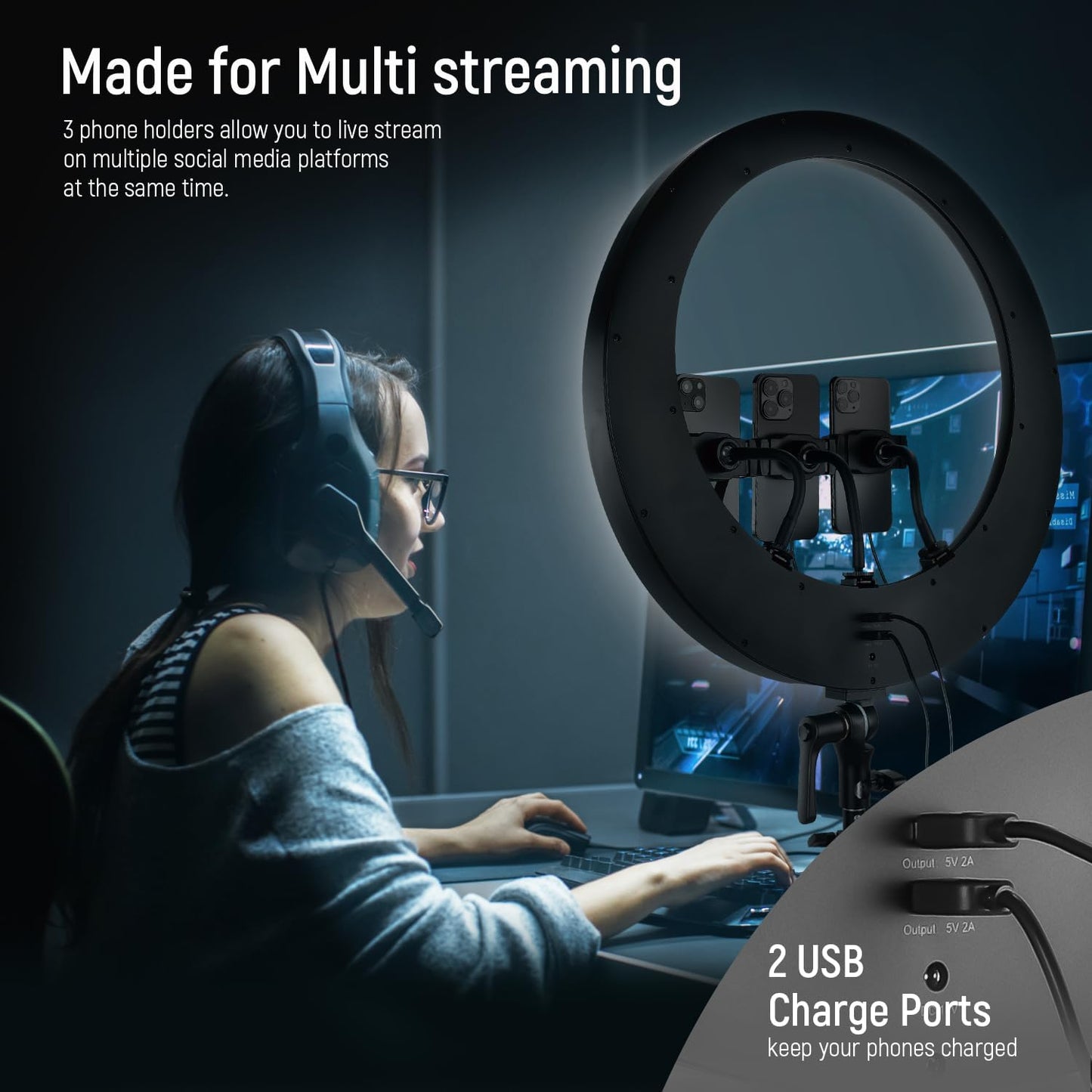 NEEWER 19 inch Ring Light with Stand, 3 Phone Holders and Mini Ball Head, Upgraded 2.4G & Touch Control, Smooth Dimming at 1%, 3200K-5600K for Selfie TikTok Live Streaming Video Recording Zoom, RP19H