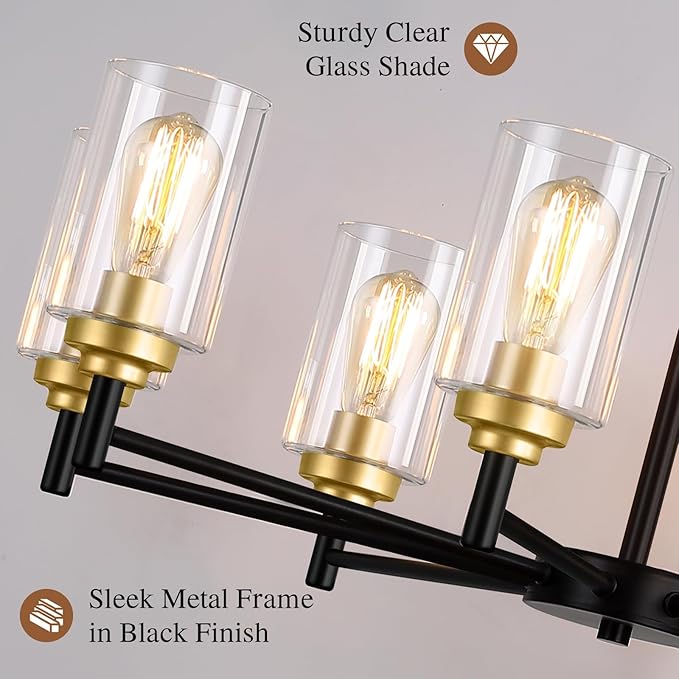 Sucolite 33.5'' 8-Light Chandelier for Dining Room Kitchen Island, Modern Farmhouse Pendant Lighting with Glass Shades Industrial Black Hanging Ceiling Light Fixture for Living Room, Height Adjustable