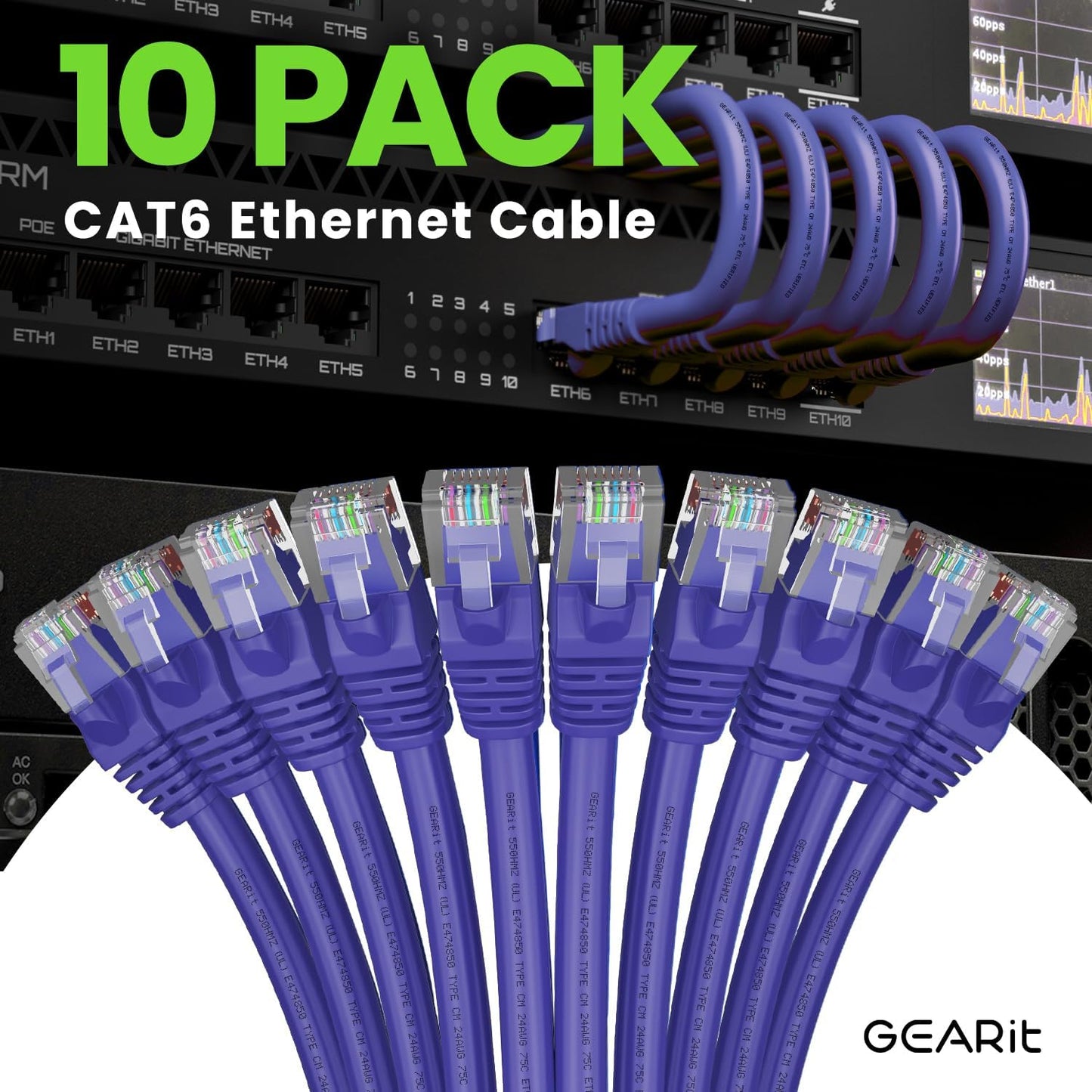 GearIT Cat 6 Ethernet Cable (10-Pack 5 Feet) Cat6 Network Patch, 10Gbps, RJ45, Snagless Cord, Gold-Plated Connectors, Internet for PC, TV, Tablet, Router, Printer, Servers, IT Data Center - Purple