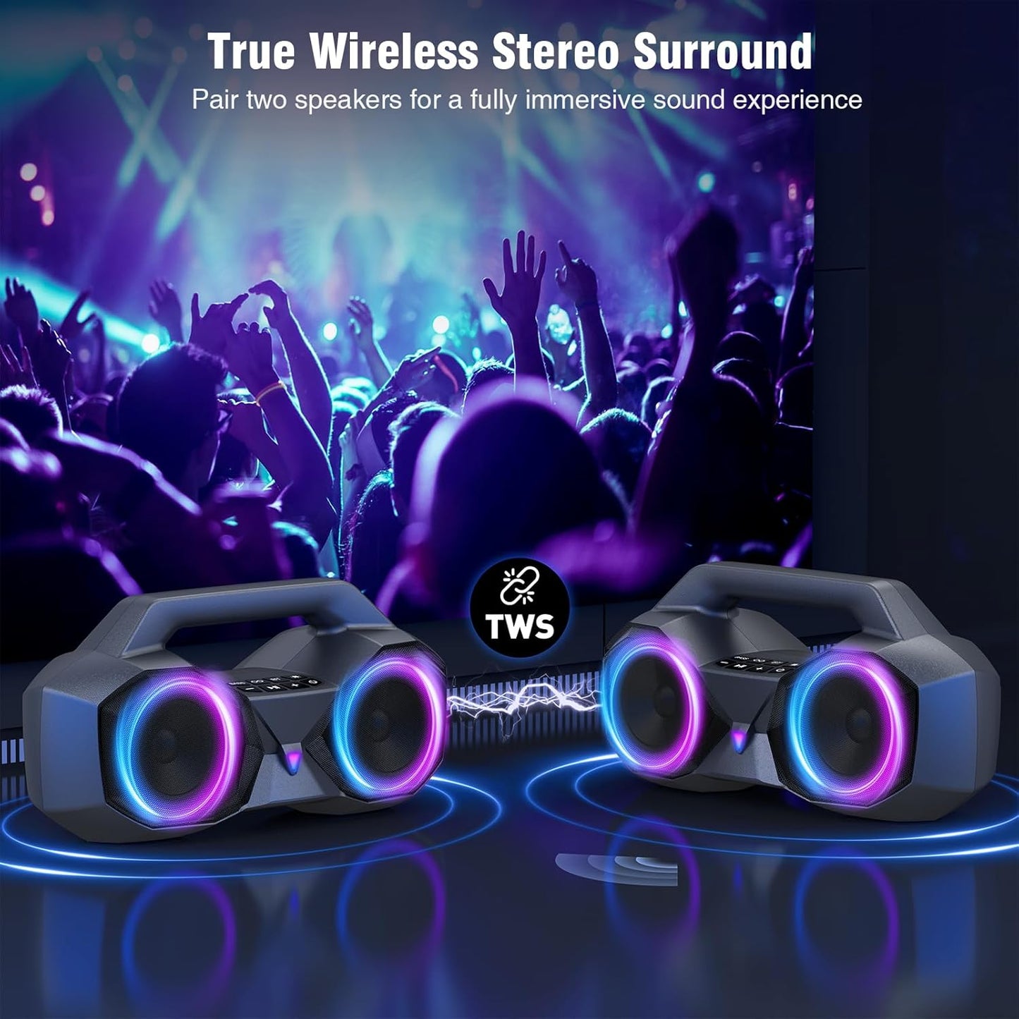 KMAG Bluetooth Speaker Wireless, 80W Loud Speaker with Deeper Bass, IPX7 Waterproof, 20H Playtime, Cool Lights, TWS, Portable Speaker for Home, Outdoor, Workshop, Party, Gift for All