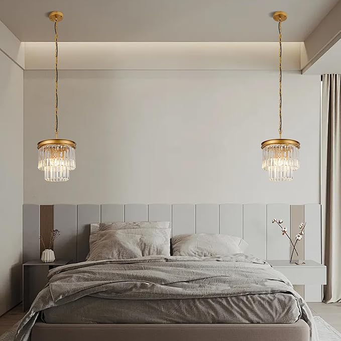 3-Pack Crystal Pendant Lights 11.8" Modern Crystal Chandelier 3-Light 2-Tier Luxury Gold Round Hanging Lighting Fixture for Dinning Room Bedroom Living Room Foyer Kitchen Island