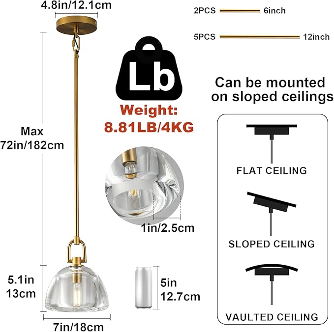 Pendant Light Fixture, 7" Glass Modern Brass Pendant Lights Kitchen Island, Hanging Glass Dome Pendant, Gold Kitchen Pendant Lighting Over Island,E12 Bulb Included, 2PCS