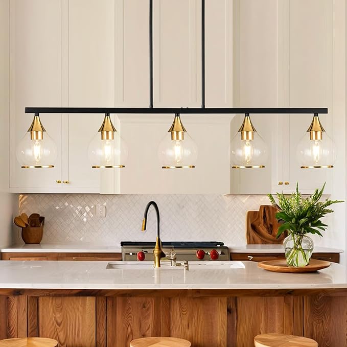 Island Light for Kitchen, 5-Light Black Kitchen Island Linear Hanging Pendant Chandeliers, Black and Gold Dining Room Light Fixture Over Table with Clear Round Glass Shades