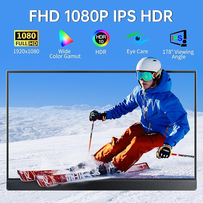 VisionOwl Portable Monitor 15.6 Inch 1080P FHD 85% sRGB Second Screen, USB-C HDMI HDR FreeSync Travel Monitor for Laptop PC MacBook PS5 Xbox, VESA Mountable, with Speakers, Cover Stand, Silver