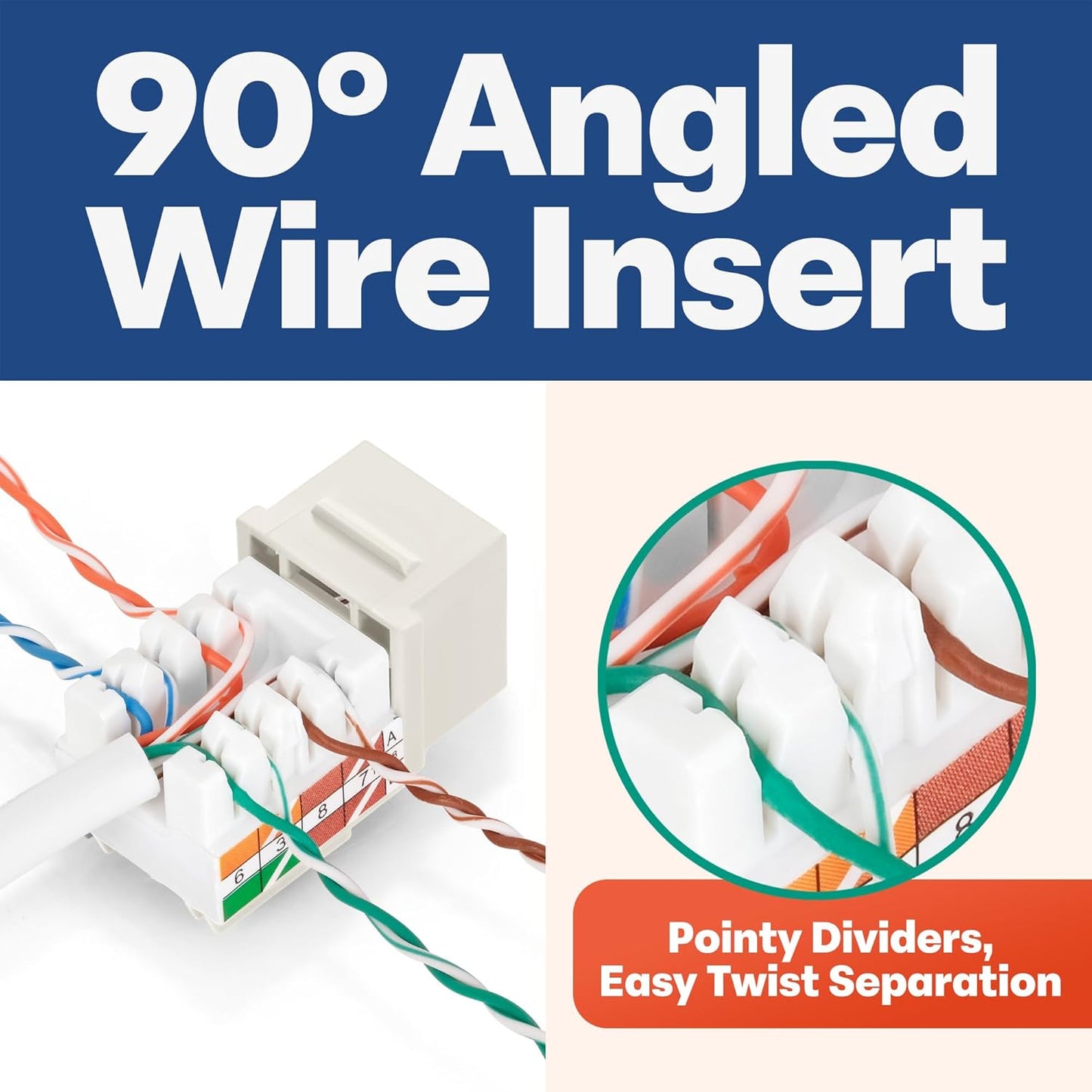 Everest 90° Angled RJ45 Cat5e Keystone Jacks 10-Pack in Light Almond - Slim Profile Female RJ45 Connectors - Cat 5e Keystone Jack - Compatible with 90° Angled Speed Termination Tool - easyJACK