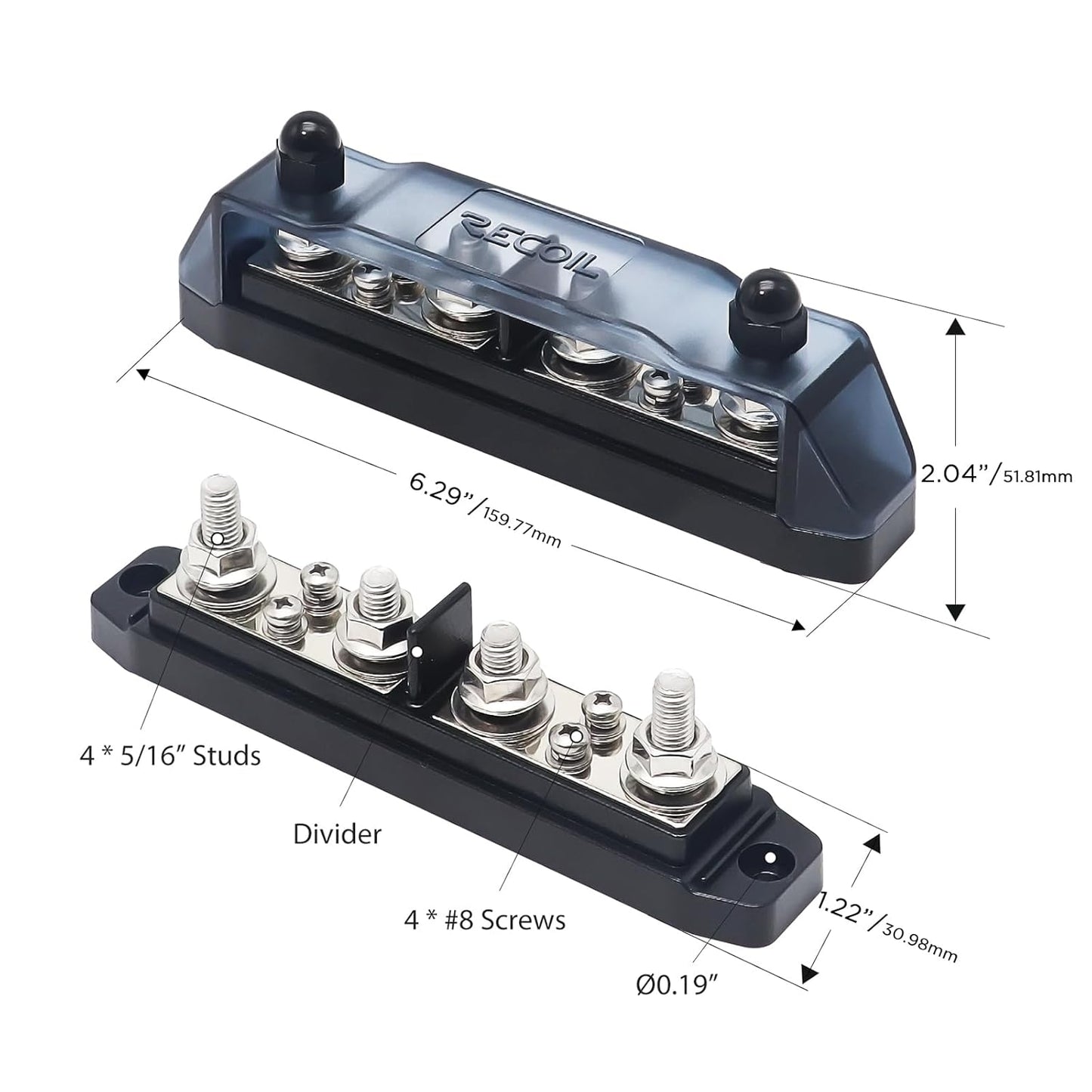 Recoil BBPG4 Bus Bar Positive and Negative 4 x 5/16”(M8) Studs and 4 x #8 Screw Terminals Power Distribution Block Busbar with Ring Terminals 150 Amp Rating