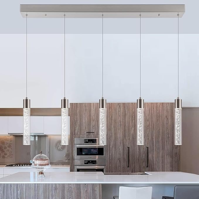 Pendant Light Kitchen Island with Remote Control - Brushed Nickel Adjustable Height Kitchen Island Light, 3000K/4000K/6000K Dimmable LED Handing Light for Dining Room, Bar, Hallway