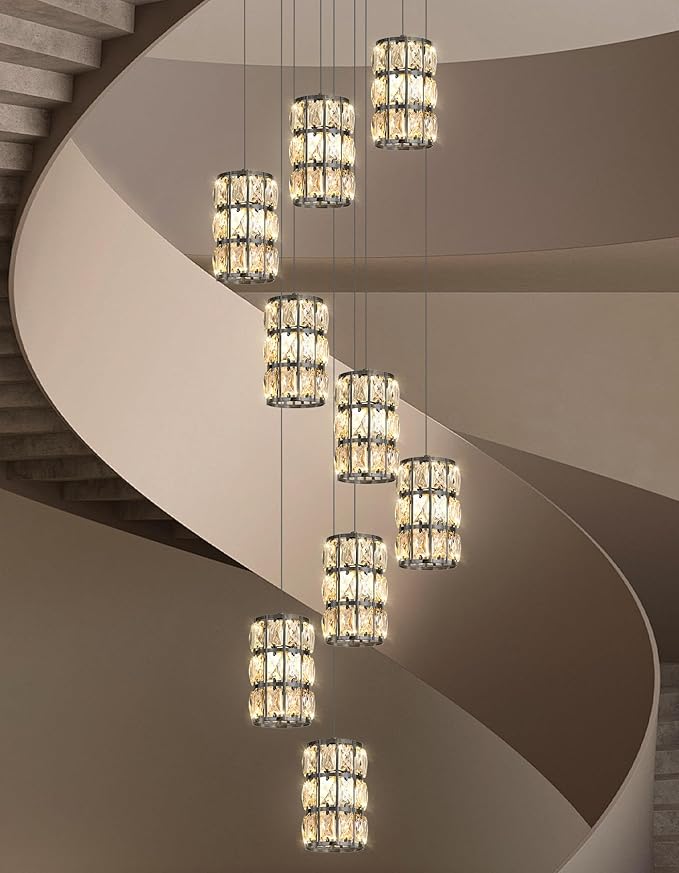 9-Lights Modern Crystal LED Dimmable for Staircase Foyer High Ceiling Chandeliers Hallway Black