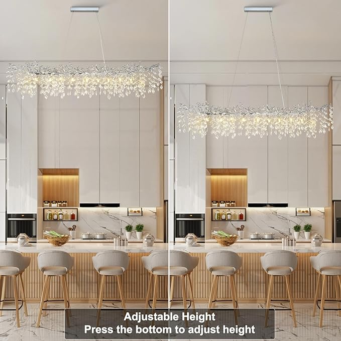 YUYI 71" Silver Chandelier, 20-Light Modern Crystal Tree Branch Chandelier, Luxury Rectangular Chandeliers for Dining Room, Kitchen Island, Living Room, Contemporary K9 Crystal Raindrop Light Fixture