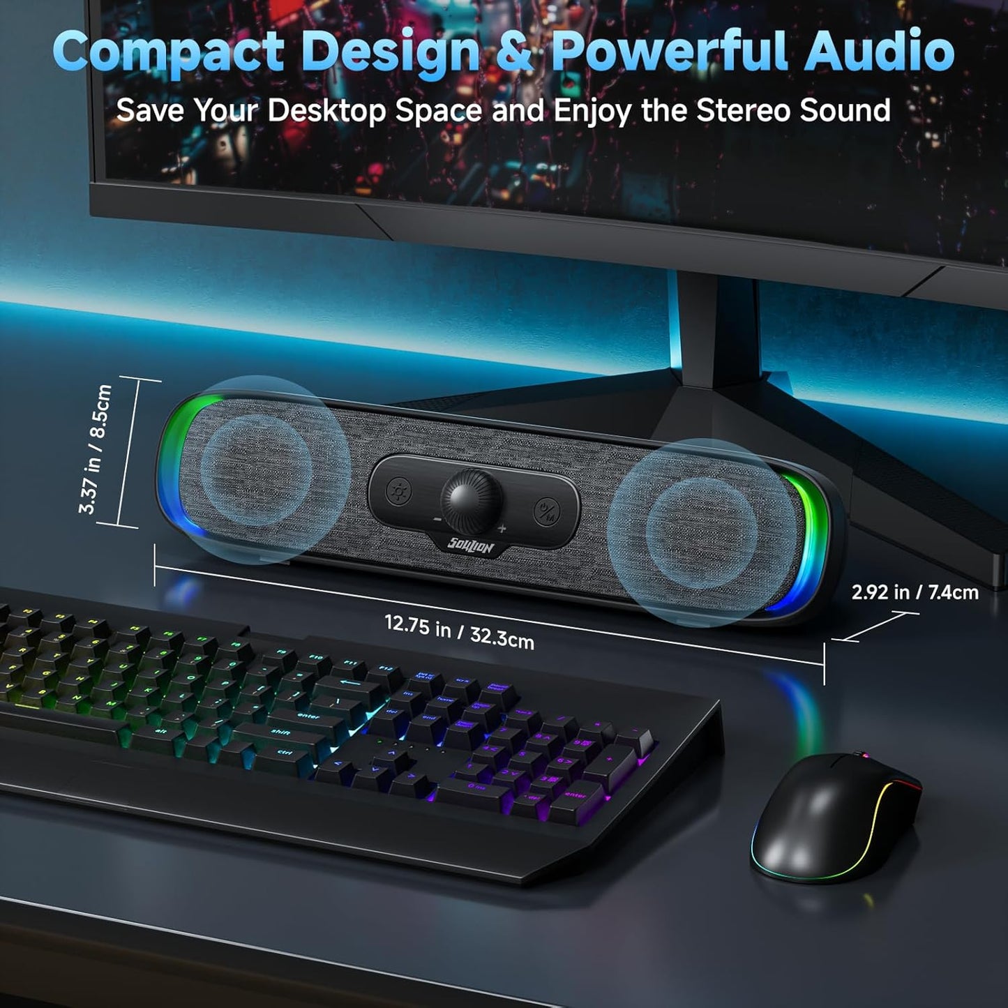 SOULION R200 Bluetooth Computer Speakers, Compact PC Speakers, USB C/USB Plug & Play Desktop Speaker with Colorful LED Lights, Clear Sound PC Soundbar for Computer Desktop Laptop Monitor