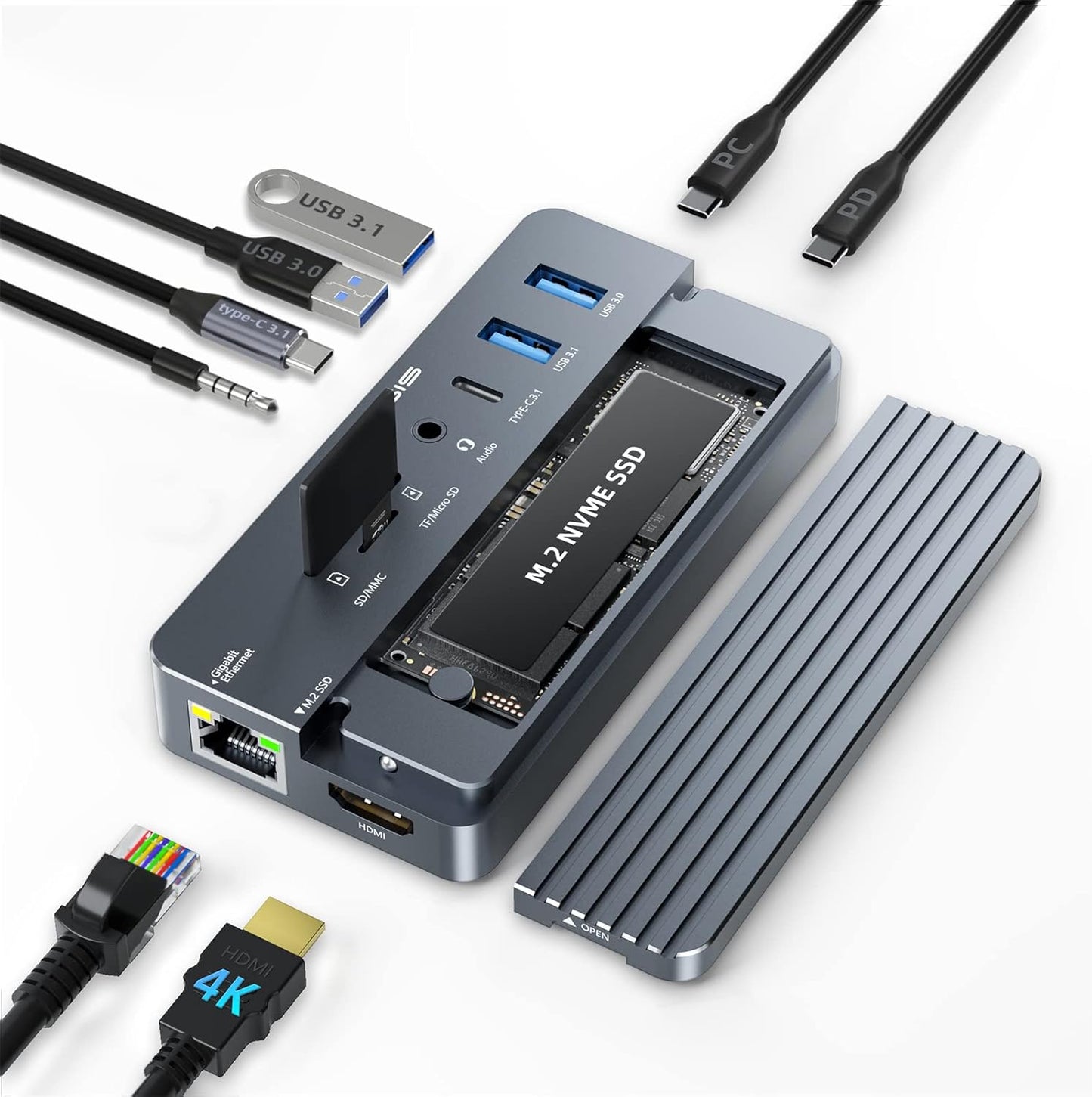 USB C Laptop Docking Station HDMI 4K60Hz with Nvme Enclosure, ACASIS 10-in-1 USB C Hub Multiport Adapter with HDMI, PD, Ethernet, SD/TF, 10G USB C/A Ports, Audio, Works for Mac/Dell/HP/Surface