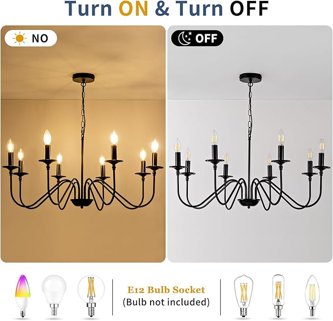 Black Farmhouse Chandeliers, 8 Light S-Arm Modern Candle Hanging Pendant Light, Industrial Rustic Metal Ceiling Kitchen Island Light for Living Room, Entryway, Foyer, Bedroom, Dining Room