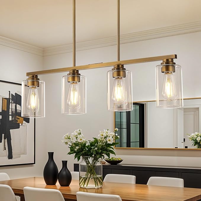 Island Light for Kitchen, Brushed Brass Dining Room Light Fixture Over Table, 4-Light Linear Chandelier Pendant Lighting for Dining Table Kitchen Island Living Room