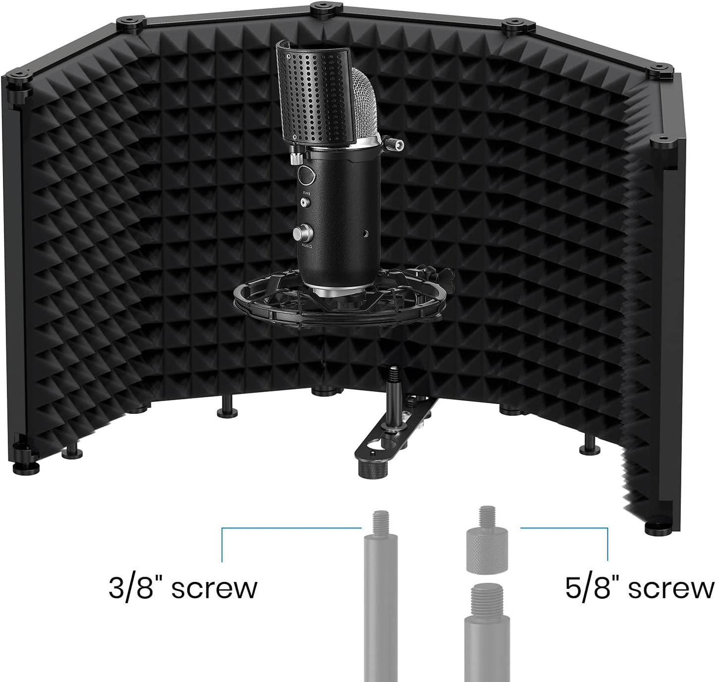 Moukey Microphone Isolation Shield, Foldable Mic Shield with Triple Sound Insulation, Reflection Filter with 3/8" and 5/8" Mic Threaded Mount for Recording Studio, Podcasts, Singing, and Broadcasting