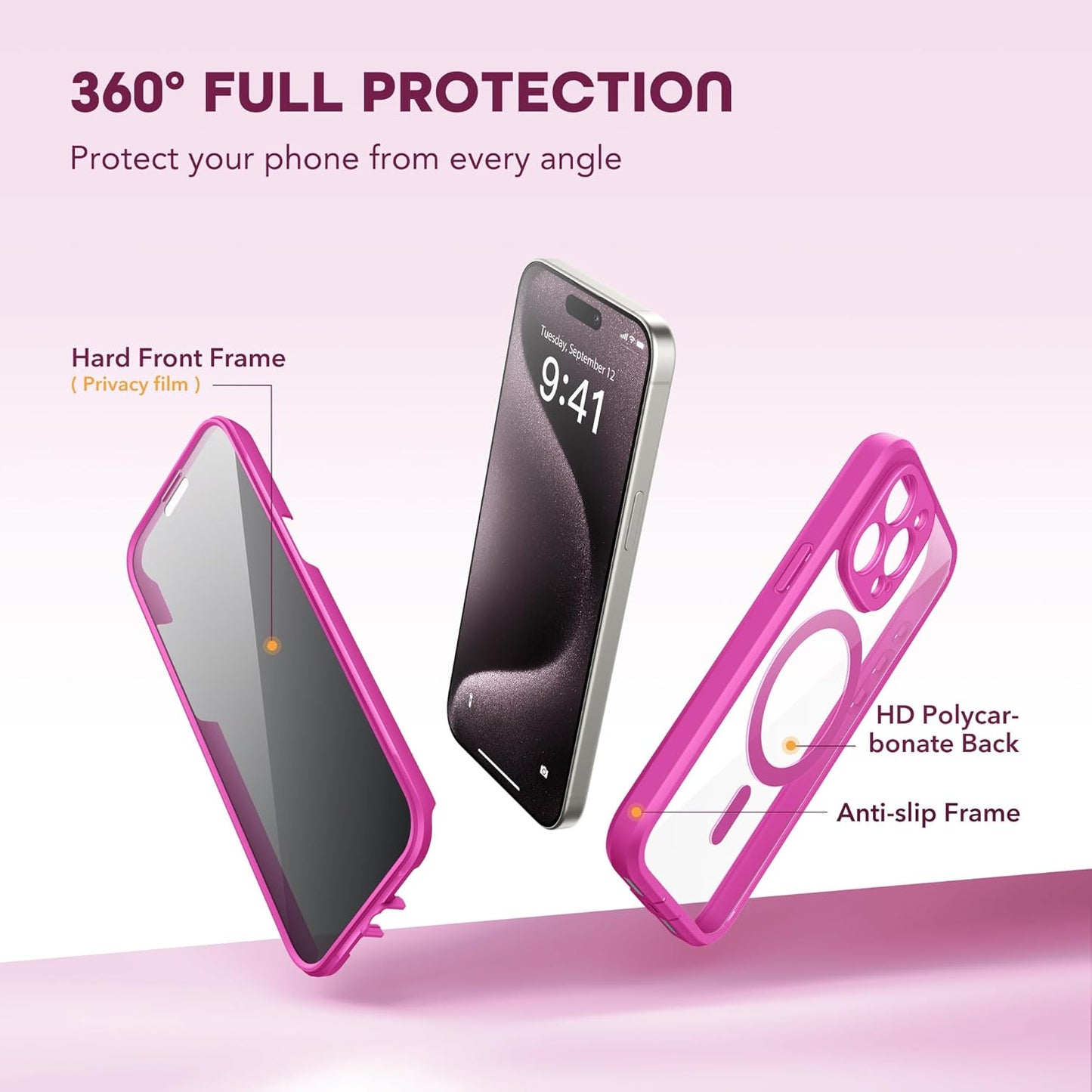 Magnetic for iPhone 15 Pro Max Case, Compatible with MagSafe, Built-in Privacy Screen Protector and Camera Protection, Anti Spy Full Body Dustproof Shockproof Hard Phone Case 6.7", Rose Red
